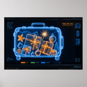 Frohes Neues Jahr Flughafen-Röntgen-Koffer Poster