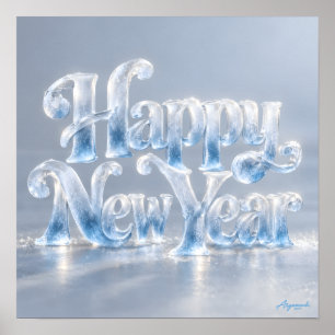Frohes neues Jahr Frostige Eis-Buchstaben-Kunst Poster