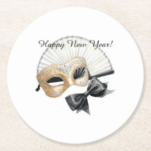 Frohes neues Jahr Gold Schwarz Maske Runder Pappuntersetzer