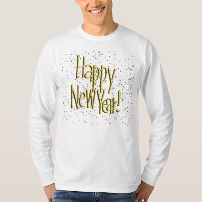 Frohes neues Jahr - Goldtext über Confetti T-Shirt (Vorderseite)