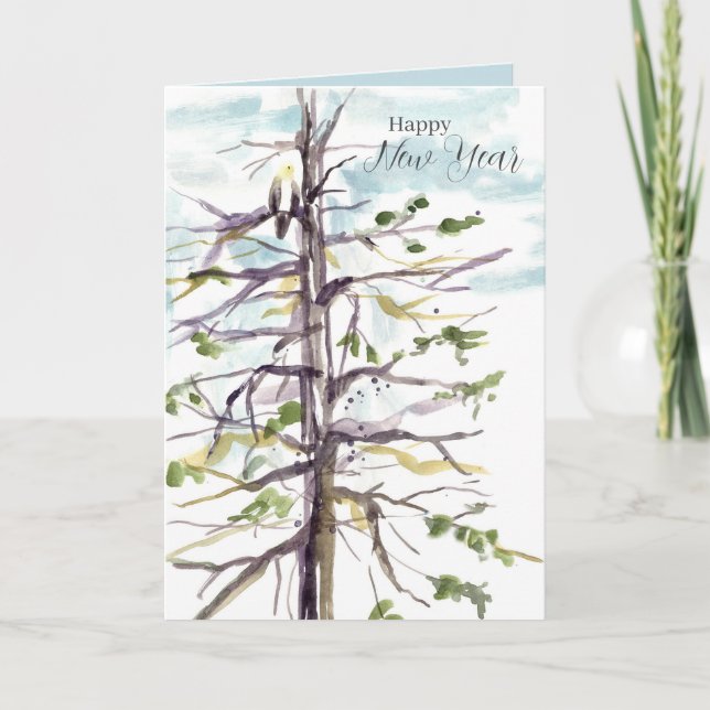 Frohes neues Jahr Habicht Winterbaum Winterhimmel Karte (Vorderseite)