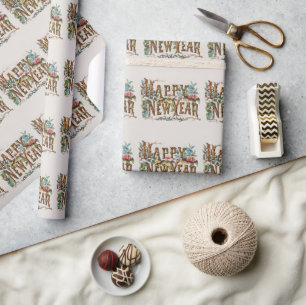 Frohes neues Jahr in Baumstämmen, Eicheln und Blum Geschenkpapier