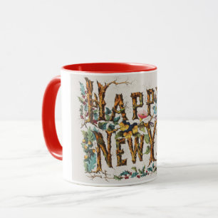 Frohes neues Jahr in Baumstämmen, Eicheln und Blum Tasse