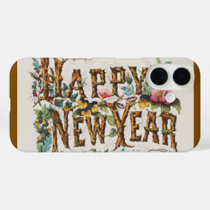 Frohes Neues Jahr in Baumstämmen, Kornen und Blume iPhone 16 Hülle