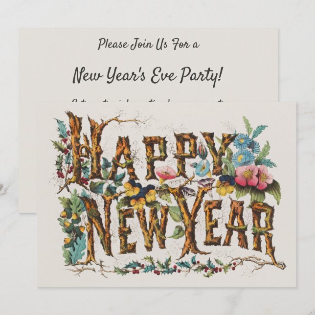 Frohes Neues Jahr in Baumstämmen, Kornen und Blume Einladung (Vorne/Hinten)
