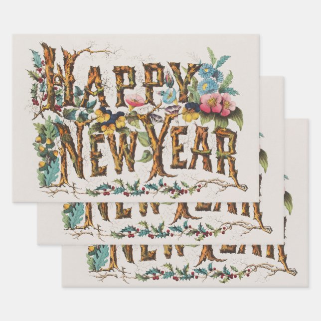 Frohes Neues Jahr in Baumstämmen, Kornen und Blume Geschenkpapier Set (Set)