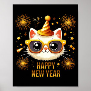 Frohes neues Jahr Katze Feuerwerk Silvesterparty Poster