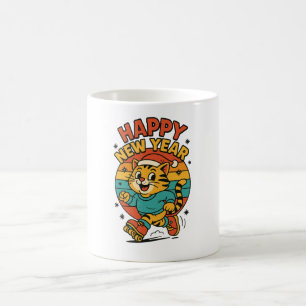 Frohes neues Jahr Katze - Süße 80er Jahre Cartoon Kaffeetasse