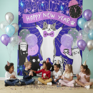 Frohes Neues Jahr Katzenparty Blau & Violetter Hin Wandteppich