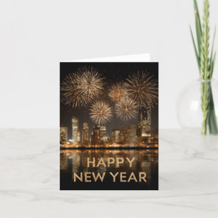 "Frohes Neues Jahr" mit Feuerwerk über einer Stadt Feiertagskarte