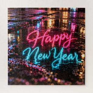 Frohes Neues Jahr Neonpuddelspiegelung Puzzle