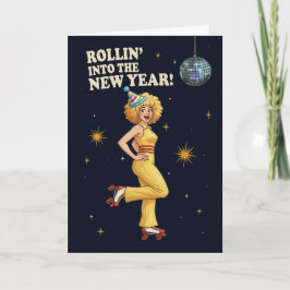 Frohes Neues Jahr Retro-Disco-Rollschuh laufende F Feiertagskarte