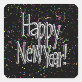 Frohes neues Jahr - Silver Text w/Black Confetti Runder Aufkleber
