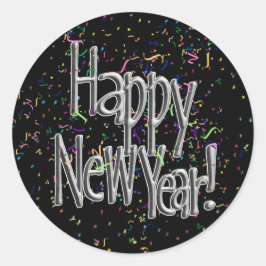 Frohes neues Jahr - Silver Text w/Black Confetti Runder Aufkleber