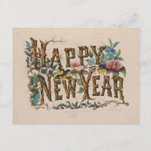 Frohes neues Jahr, Vintage Currier & Ives Druck Postkarte