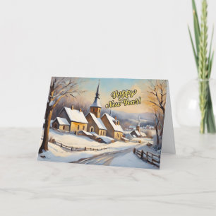 Frohes Neues Jahr Vintage Winterkirche  Feiertagskarte