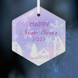 Frohes Neujahr 2023 Lila Schnee im Weißen Haus Ornament Aus Glas
