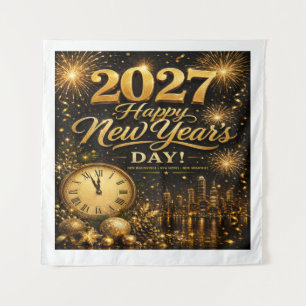 Frohes Neujahr 2027 Luxus-Gold-Feuerwerk Wandteppich