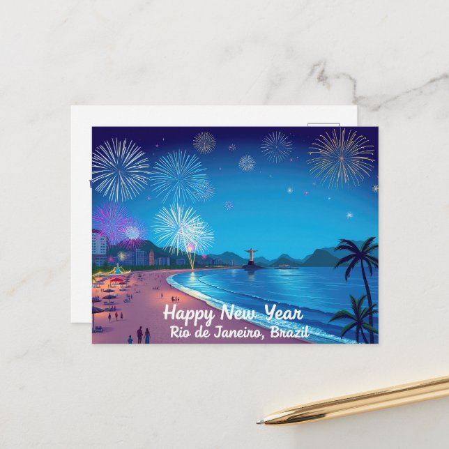 Frohes Neujahrsfest in Rio de Janeiro Postkarte (Vorderseite/Rückseite Beispiel)