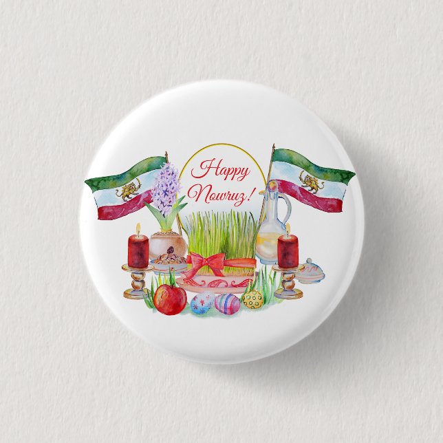 Frohes Norooz Haft Sin mit Löwe und Sonnenflaggen Button (Vorderseite)
