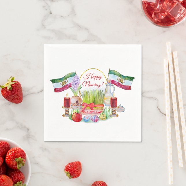 Frohes Norooz Haft Sin mit Löwe und Sonnenflaggen Serviette (Beispiel)