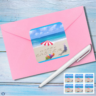 Frohes Ostern am tropischen Sandstrand Quadratischer Aufkleber