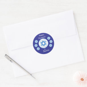 Frohes PESSACH Blauer Davidstern NAME Runder Aufkleber