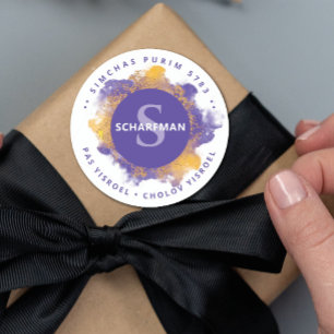 FROHES Purim Lila Personalisiertes Monogramm Runder Aufkleber