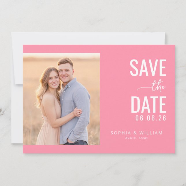 Frohes Rosa Minimalistisches Foto Save The Date (Vorderseite)