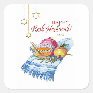 Frohes Rosh Hashanah in Aquarell Quadratischer Aufkleber