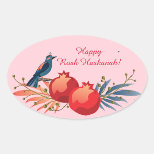 Frohes Rosh Hashanah Jüdisches Neujahr Blumenmuste Ovaler Aufkleber