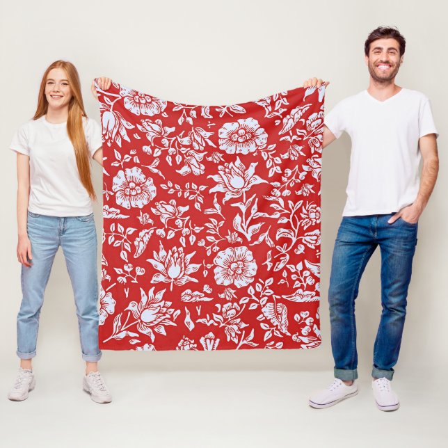 Frohes rot-weißes vintage Blumenmuster Fleecedecke (Beispiel)