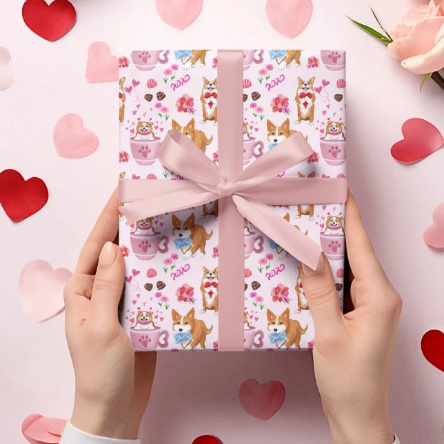 Frohes Valentinstag-Corgi-Tag-Muster  Geschenkpapier (A sweet Corgi Valentine's Day wrapping paper for your sweetheart!)