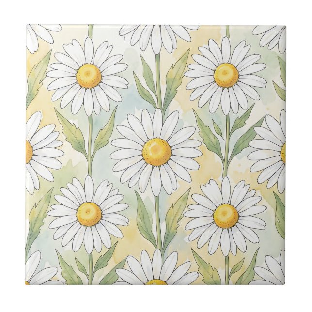 Frohes Weißes Gänseblümchen-Blumenmuster Fliese (Vorderseite)