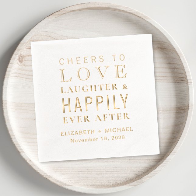Fröhlich für Liebe jubeln nach Hochzeit Servietten Mit Folie (Elevate your wedding decor with these elegant "Love Laughter & Happily Ever After" foil napkins)