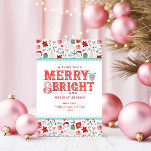 fröhlich Merry & Bright Retro Rosa und Rot Holly Feiertagskarte