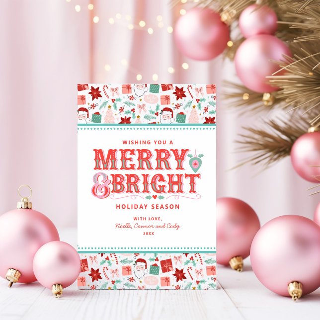 fröhlich Merry & Bright | Retro Rosa und Rot Holly Feiertagskarte (Von Creator hochgeladen)
