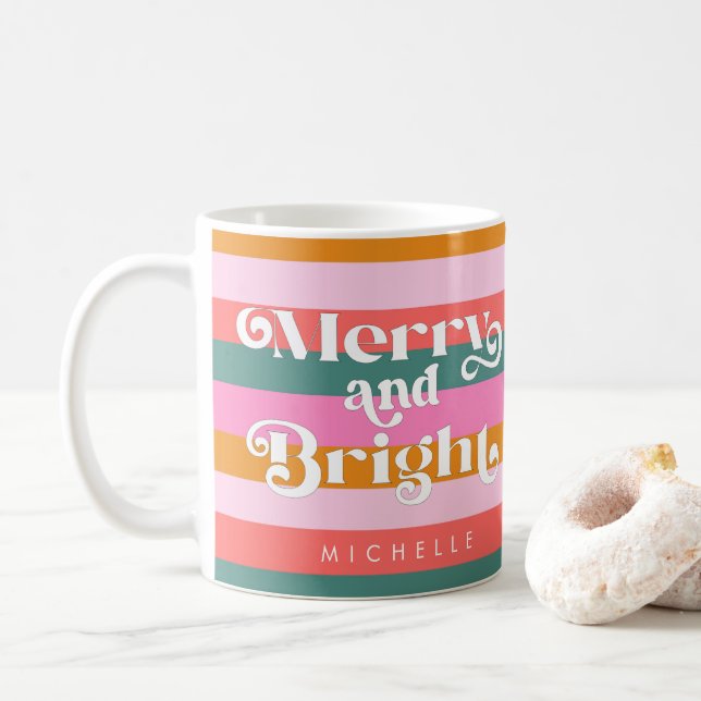 Fröhlich und hell Moderne Stripe Weihnachten Custo Kaffeetasse (Mit Donut)