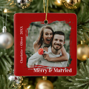 Fröhlich verheiratet, erstes Weihnachten in Rot Keramikornament