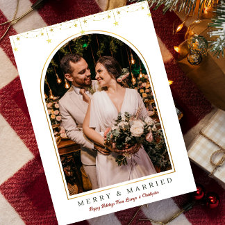 Fröhlich verheiratet Goldene Sterne Bogen Foto Wei Feiertagskarte
