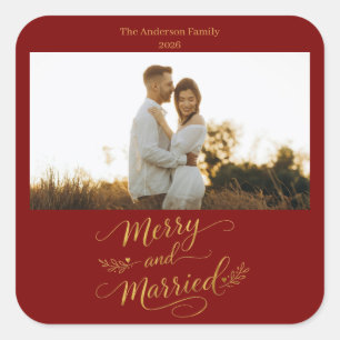 Fröhlich verheiratet personalisierte Weihnachts-Ho Quadratischer Aufkleber