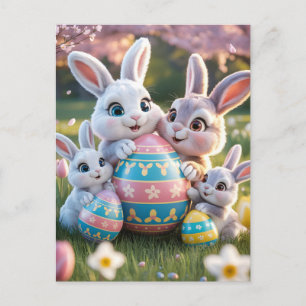 Fröhliche 3D-Hasenfamilie mit einem Osterei Postkarte