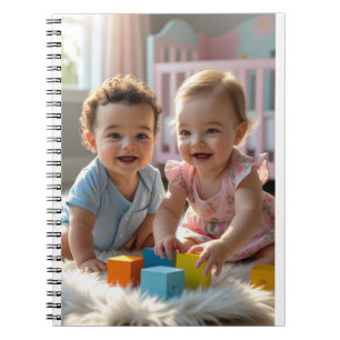 Fröhliche Babys spielen auf einem weichen Felltepp Notizblock