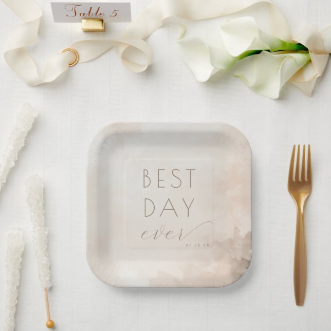 Fröhliche Beige-Wasserfarben-Feier Pappteller (Hochzeit)