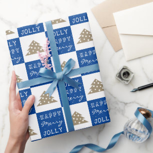 Fröhliche Blaue Typografie Weihnachtsbaum-Muster Geschenkpapier