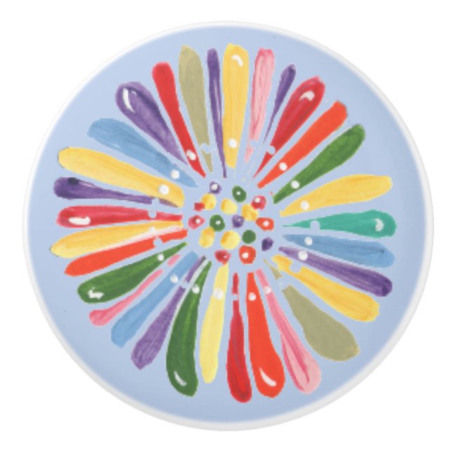 Fröhliche Blue Watercolor Daisy Multicolor Blume Keramikknauf (Vorderseite)