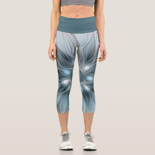 Fröhliche Blumen-Abstrakt Blau-Grau-Blumen-Fraktal Capri Leggings