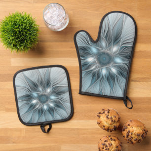 Fröhliche Blumen-Abstrakt Blau-Grau-Blumen-Fraktal Ofenhandschuh & Topflappen-Set