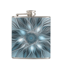 Fröhliche Blumen-Abstrakt Blau-Grau Floral Fraktal Flachmann