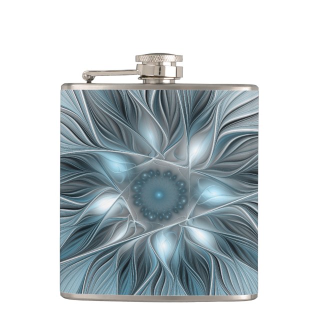Fröhliche Blumen-Abstrakt Blau-Grau Floral Fraktal Flachmann (Vorderseite)